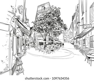 France. Montpellier. Hand drawn street cafe sketch. Vector illustration.