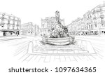 France. Montpellier. Place de la Comedie. Fountain Three Graces and the Opera Theater Comedie. Hand drawn sketch. Vector illustration.