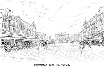 France. Montpellier. Place de la Comedie. Hand drawn sketch. Vector illustration.