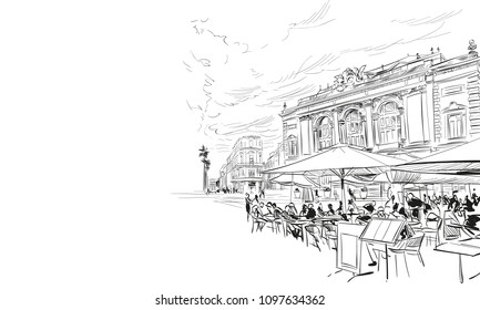 France. Montpellier. Place de la Comedie. Hand drawn sketch. Vector illustration.