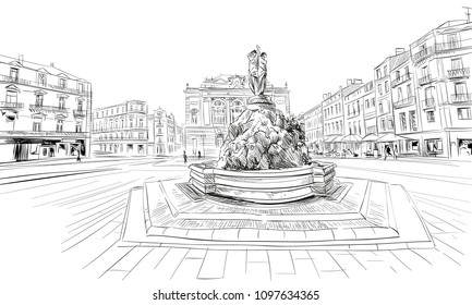 France. Montpellier. Place de la Comedie. Fountain Three Graces and the Opera Theater Comedie. Hand drawn sketch. Vector illustration.