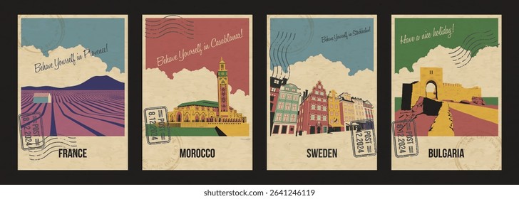 France, Morocco, Sweden, Bulgaria Main Attractions Postcard Set. Stockholm Old City, Kaliakra Fortress, Provence Fields of Lavender, Casablanca Mosque Illustrations. Retro Style Greeting Cards