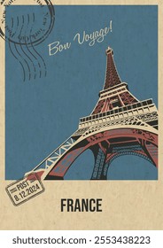 France Most Famous Attraction Postcard, Eiffel Tower Illustration, Vector Template Retro Style Greeting Card with handwriting wish. Postal Imprint, Aged Paper Texture