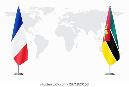 France and Mozambique flags for official meeting against background of world map.