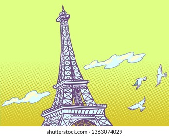 Francia debe ver lugares de interés. Un viaje a París para recordar. La torre Eiffel se alza contra el cielo.