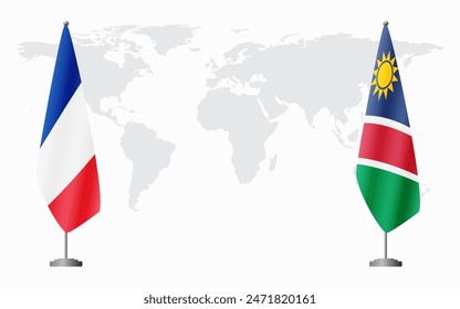 France and Namibia flags for official meeting against background of world map.