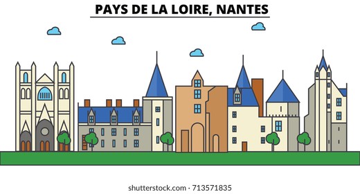 France, Nantes, Pays De La Loire. City skyline: architecture, buildings, streets, silhouette, landscape, panorama, landmarks. Editable strokes. Flat design line vector illustration concept.