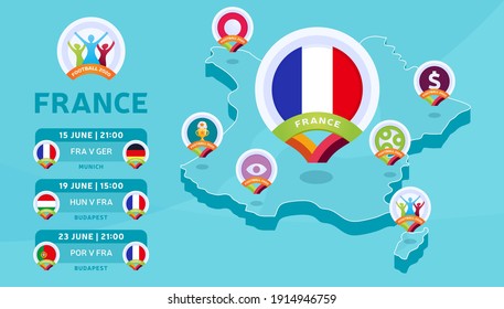 France natioanal team matches on Isometric map vector illustration. Football 2020 tournament final stage infographic and country info. Official championship colors and style