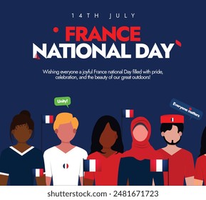 France National day. 14th July France national day also know as Bastille Day celebration banner with people of different ethnic, religion holding french flags. The day is a symbol of history and unity