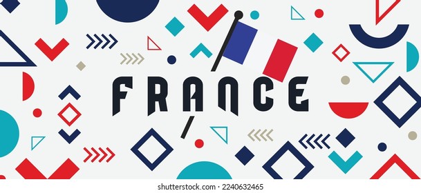 France national day banner design. Abstract geometric retro shapes of red and blue color memphis style. La France Presidential Elections. Travel Vector