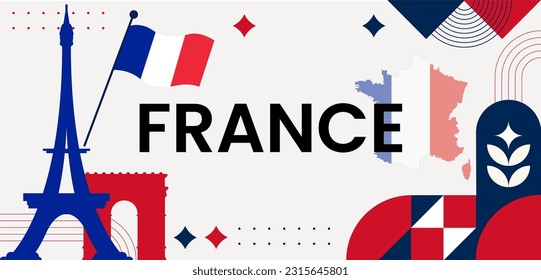 France national day banner design. French flag and map theme with Paris Eiffel tower background. Abstract geometric retro shapes of red and blue color. La France Presidential Elections. Travel Vector
