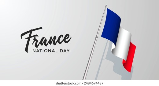 France national day banner design. French flag background.Red and blue color. France independence and freedom. Patriotic elements. Festive and parade design. Minimal Travel Vector poster illustration.