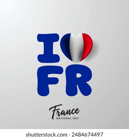 France national day banner design. I love France. Red and blue color 3d balloon heart. France independence and freedom. Patriotic elements. Festive and parade design. Vector poster illustration.