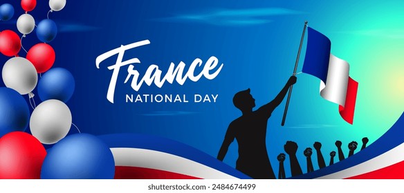 France national day banner design. French flag background.Red and blue Balloons. France independence and freedom. Patriotic elements. Festive and parade design. Travel Vector poster illustration.