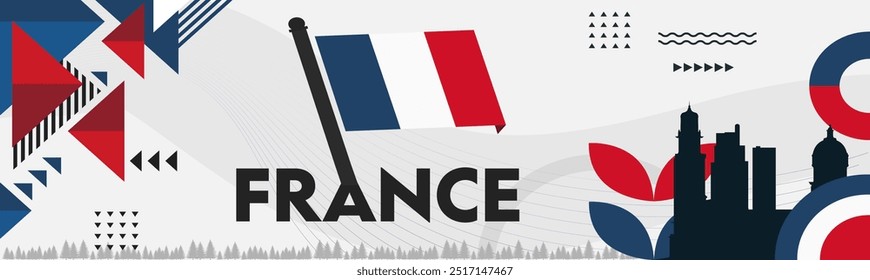 Projeto de banner do dia nacional da França. Fundo da bandeira francesa. Formas retrô geométricas abstratas. Eleições presidenciais em França. Vetor de viagem