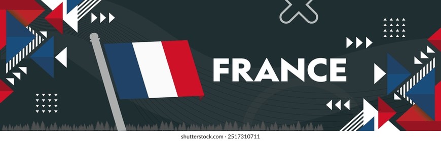 France national day banner design. French flag and map Dark theme background. Abstract geometric retro shapes. La France Presidential Elections. Vector illustration
