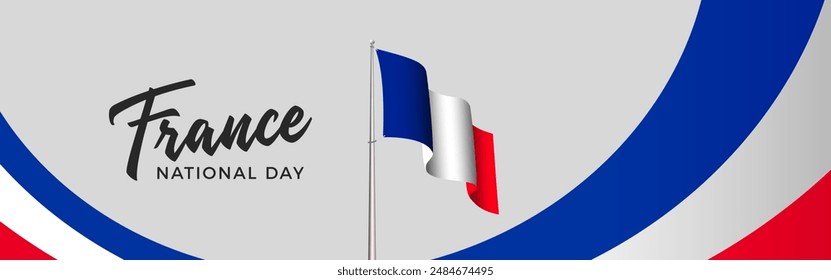 France national day web banner design. French flag background.Red and blue color. France independence and freedom. Patriotic elements. Festive and parade design. Travel Vector Poster illustration.