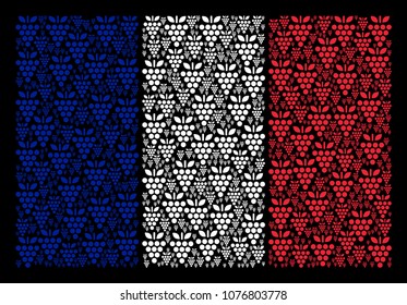 France National Flag collage done of grapes elements. Vector grapes elements are composed into conceptual France flag illustration on a black background.