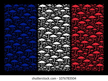 France National Flag composition constructed of umbrella design elements. Vector umbrella elements are composed into conceptual French flag illustration on a black background.