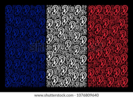 France National Flag composition organized of ear pictograms. Vector ear design elements are combined into mosaic French flag composition on a black background.