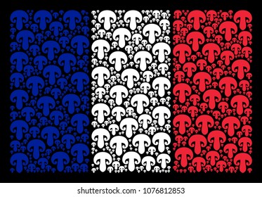 France National Flag concept made of champignon mushroom elements. Vector champignon mushroom pictograms are composed into conceptual French flag composition on a black background.