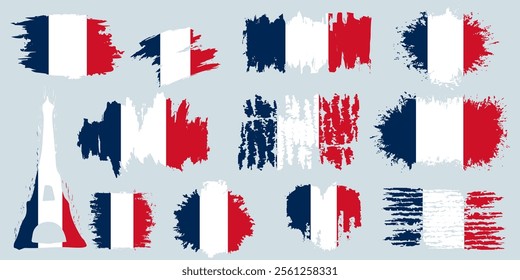 France national flag grunge splash texture emblem icons set. French flag elements  decoration  table of contents set, line brush splash texture emblem with drops, frames, template layout.