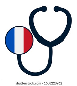 France National flag on stethoscope. specialist doctors in Country. Charity Help concept. The concept a help for France. The concept of big problems because of the coronavirus pandemic in France.