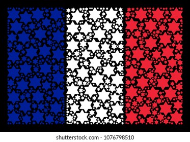 France National Flag pattern composed of six pointed star elements. Vector six pointed star elements are composed into mosaic French flag collage on a black background.
