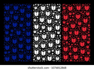 France National Flag pattern constructed of bug design elements. Vector bug design elements are combined into conceptual French flag pattern on a black background.