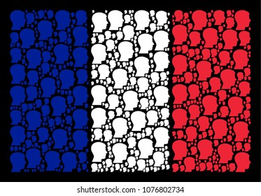 France National Flag pattern created of man head profile pictograms. Vector man head profile items are organized into conceptual French flag illustration on a black background.