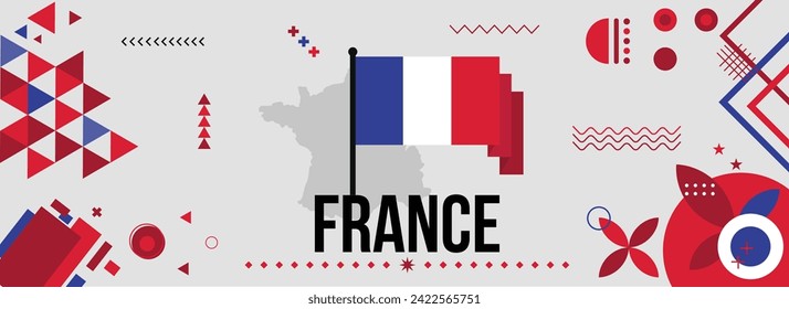 France national or independence day banner for country celebration. Flag and map of France with raised fists. Modern retro design with typorgaphy abstract geometric icons. Vector illustration.