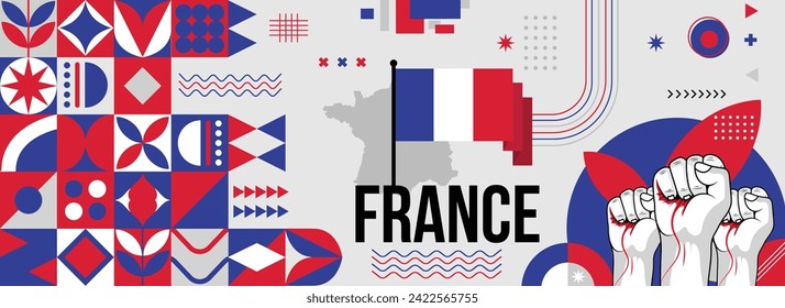 France national or independence day banner for country celebration. Flag and map of France with raised fists. Modern retro design with typorgaphy abstract geometric icons. Vector illustration	