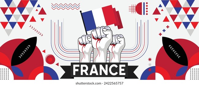 France national or independence day banner for country celebration. Flag of France with raised fists. Modern retro design with typorgaphy abstract geometric icons. Vector illustration.