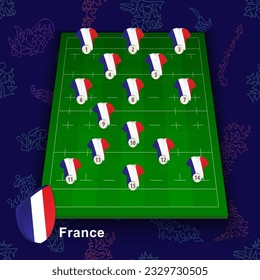 France national rugby team on the rugby field. Illustration of players position on field. Vector template.