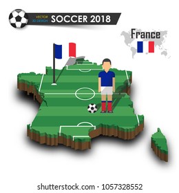 France national soccer team . Football player and flag on 3d design country map . isolated background . Vector for international world championship tournament 2018 concept .