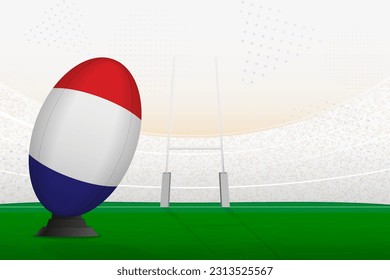 Selección francesa de rugby en estadio de rugby y en puestos de gol, preparándose para un penal o patada libre. Ilustración vectorial.