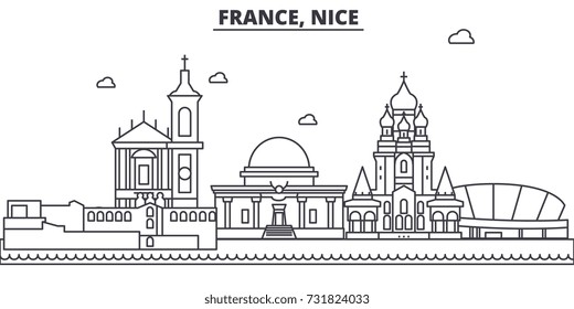 France, Nice architecture line skyline illustration. Linear vector cityscape with famous landmarks, city sights, design icons. Landscape wtih editable strokes