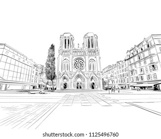 France. Nice. Basilica of Notre-Dame de Nis. Hand drawn sketch. Vector illustration.