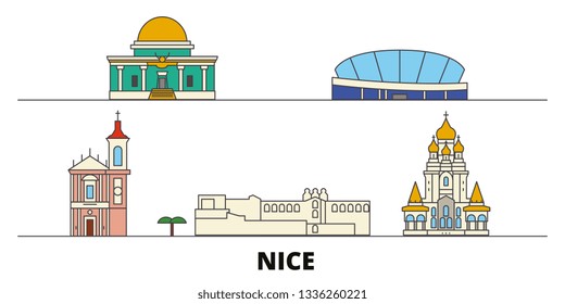 France, Nice flat landmarks vector illustration. France, Nice line city with famous travel sights, skyline, design. 