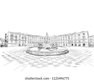 France. Nice. Fountain du Soleil on place Massena. Hand drawn sketch. Vector illustration.