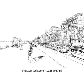 France. Nice. Promenade des Anglais. Hand drawn sketch. Vector illustration. 