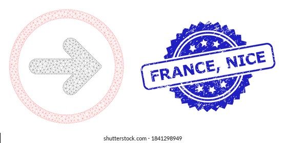 France, Nice textured stamp seal and vector right pointer mesh model. Blue stamp seal contains France, Nice text inside rosette. Abstract 2d mesh right pointer, designed with flat mesh.