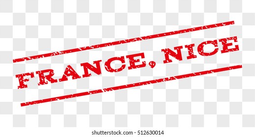 France, Nice watermark stamp. Text caption between parallel lines with grunge design style. Rubber seal stamp with unclean texture. Vector red color ink imprint on a chess transparent background.