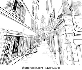 France. Nice.Vieille Ville. Hand drawn sketch. Vector illustration. 