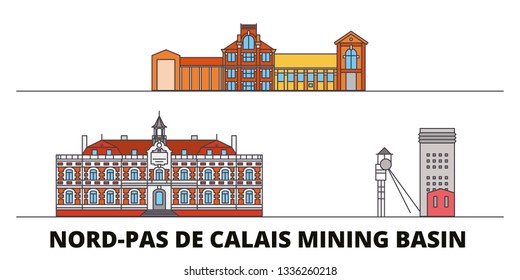 France, Nord Pas De Calais Mining Basin  flat landmarks vector illustration. France, Nord Pas De Calais Mining Basin  line city with famous travel sights, skyline, design.  svg
