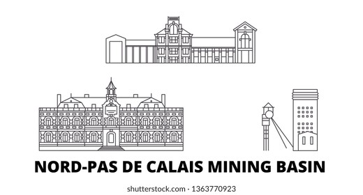 France, Nord Pas De Calais Mining Basin  line travel skyline set. France, Nord Pas De Calais Mining Basin  outline city vector illustration, symbol, travel sights, landmarks. svg
