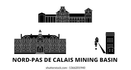 France, Nord Pas De Calais Mining Basin  flat travel skyline set. France, Nord Pas De Calais Mining Basin  black city vector illustration, symbol, travel sights, landmarks. svg