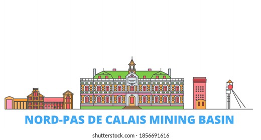 France, Nord Pas De Calais Mining Basin line cityscape, flat vector. Travel city landmark, oultine illustration, line world icons svg