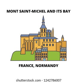 France, Normandy - Mont Saint-Michel And Its Bay line travel landmark, skyline, vector design. France, Normandy - Mont Saint-Michel And Its Bay linear illustration. 