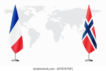 France and Norway flags for official meeting against background of world map.